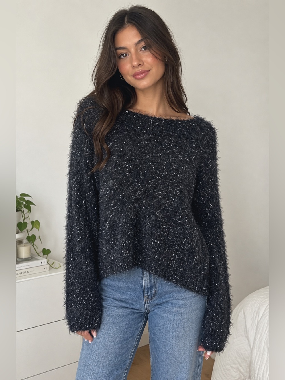 Express Cozy Fuzzy Crewneck Sweater in Dark Charcoal (oversized)
